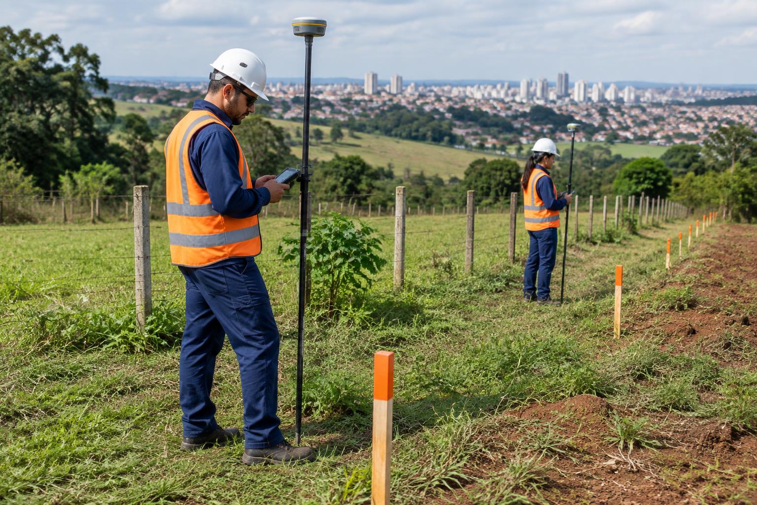 Equipe realizando georreferenciamento de propriedade com equipamento GNSS