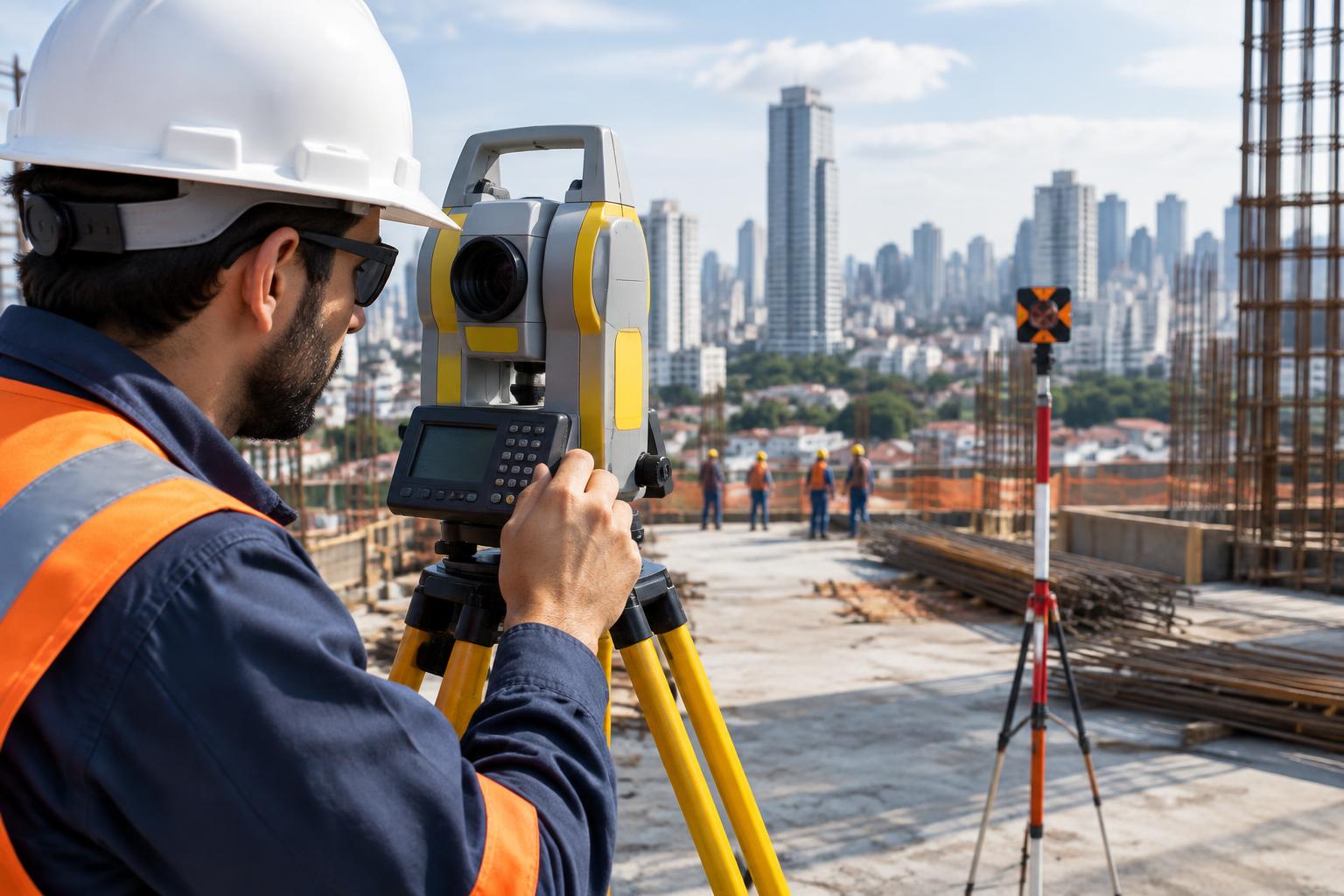 Topógrafo realizando levantamento com estação total em obra