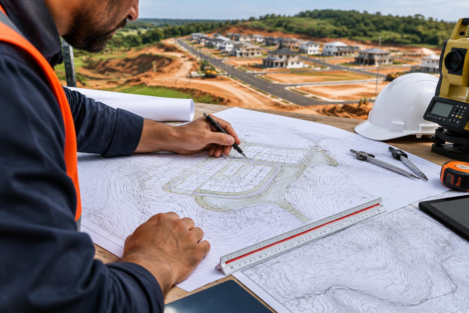Profissional analisando projeto de implantação de loteamento
